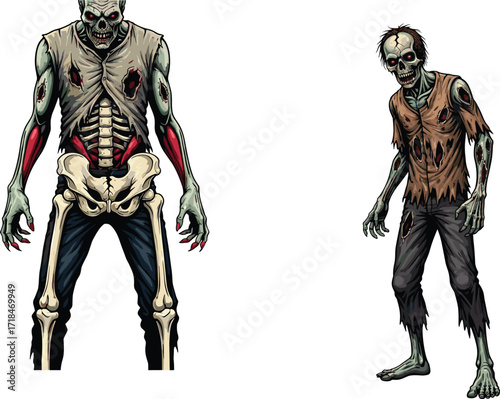 zombie, cartoon, horror, undead, monster, duo, green skin, scary, creepy, Halloween, infected, wounds, bones, ribs, grotesque, stylized, illustration, vector, character, design, eerie