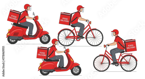 Delivery personnel on scooters and bicycles with food delivery boxes in a vector illustration style