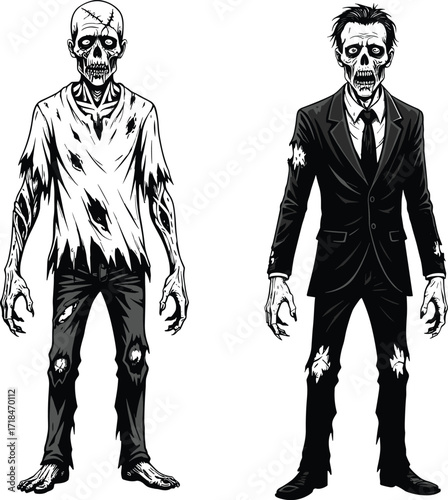 zombie, cartoon, horror, undead, monster, duo, green skin, skeletal, scary, creepy, Halloween, apocalypse, infected, wounds, suit, casual, grotesque, stylized, illustration, vector, character, design