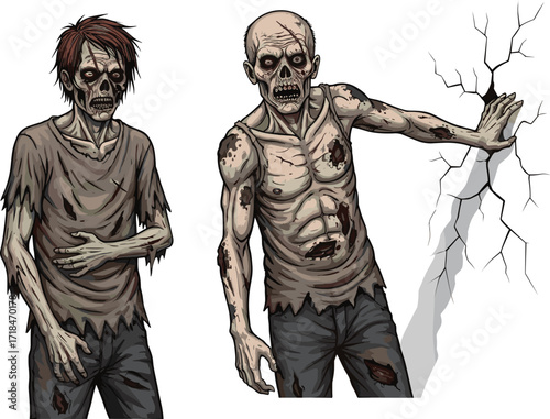 zombie, cartoon, horror, undead, monster, duo, green skin, scary, creepy, Halloween, apocalypse, infected, wounds, wall, smash, grotesque, stylized, illustration, vector, character, design