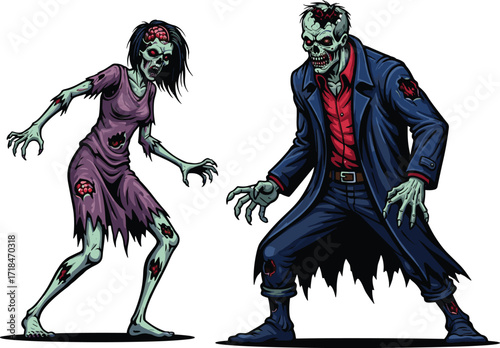 zombie, cartoon, horror, undead, monster, couple, green skin, scary, creepy, Halloween, apocalypse, infected, wounds, muscles, grotesque, trench coat, stylized, illustration, vector, character, design