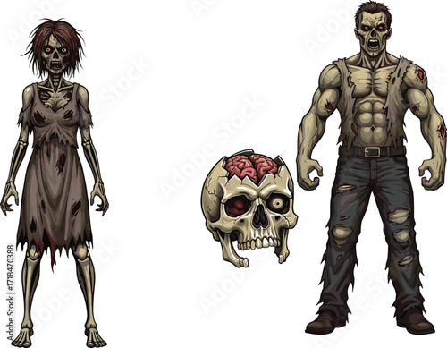 zombie, cartoon, horror, undead, monster, skull, brain, scary, creepy, Halloween, apocalypse, infected, wounds, grotesque, stylized, illustration, vector, character, design, eerie, exposed
