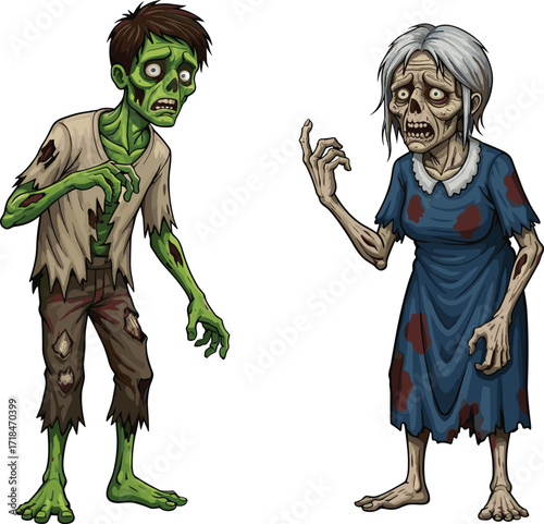 zombie, cartoon, horror, undead, monster, couple, green skin, pale skin, scary, creepy, Halloween, infected, wounds, elderly, grotesque, stylized, illustration, vector, character, design, decay