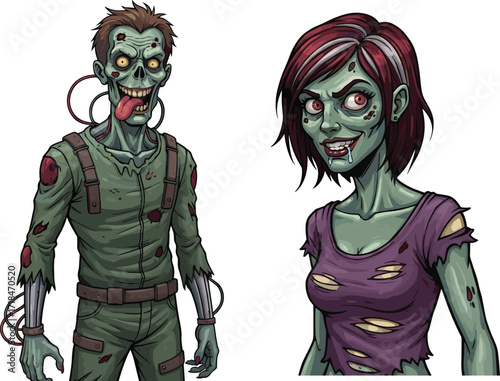 zombie, cartoon, horror, undead, monster, couple, green skin, scary, creepy, Halloween, infected, wounds, wires, sci-fi, grotesque, stylized, illustration, vector, character, design, experimental