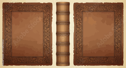 A detailed illustration of an old book with decorative borders and a textured brown spine section
