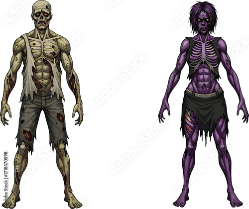 Scary cartoon zombies, male and female undead characters, Halloween horror illustration with exposed bones, rotting flesh, and torn clothes