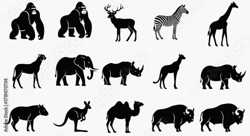 Silhouette illustration showing a variety of animals including mammals and herbivores standing still