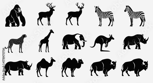 A collection of black and white animal silhouettes including mammals and ungulates in various poses
