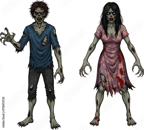 zombie, cartoon, horror, undead, monster, couple, green skin, scary, creepy, Halloween, apocalypse, infected, wounds, claws, blood, grotesque, stylized, illustration, vector, character, design