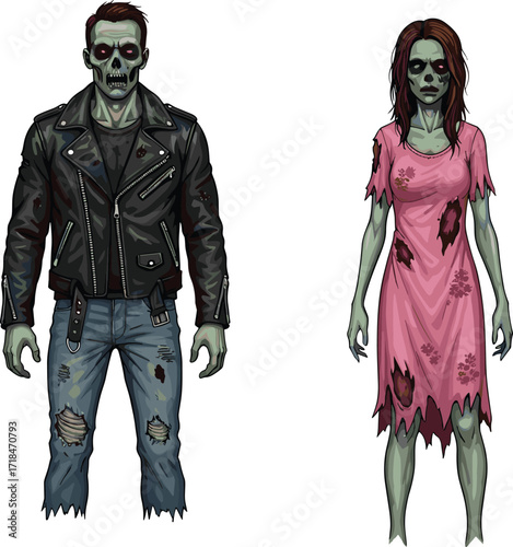 zombie, cartoon, horror, undead, monster, couple, green skin, scary, creepy, Halloween, apocalypse, infected, wounds, leather jacket, pink dress, grotesque, stylized
