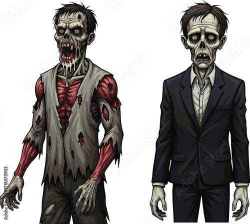 zombie, cartoon, horror, undead, monster, grotesque, skeletal, scary, creepy, Halloween, apocalypse, infected, wounds, suit, formal, stylized, illustration, vector, character, design, decay