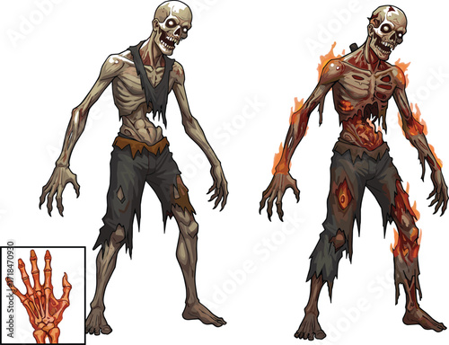 zombie, cartoon, horror, undead, monster, skeletal, burning, fiery, scary, creepy, Halloween, apocalypse, infected, wounds, flames, grotesque, stylized, illustration, vector, character, design