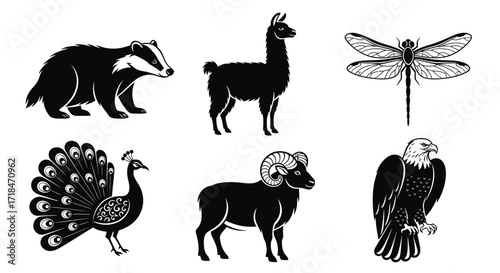 A collection of animal silhouettes including a badger llama dragonfly peacock ram and eagle design