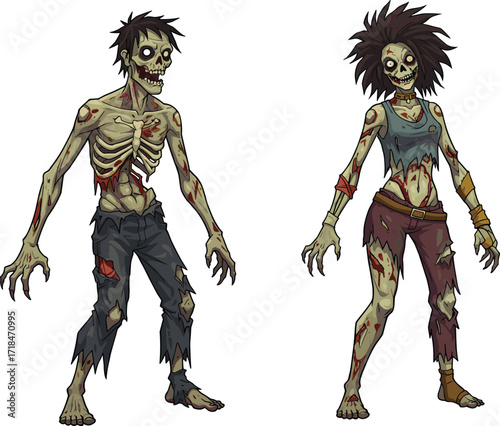 zombie, cartoon, horror, undead, monster, couple, green skin, scary, creepy, Halloween, apocalypse, infected, wounds, ribs, grotesque, stylized, illustration, vector, character, design, eerie