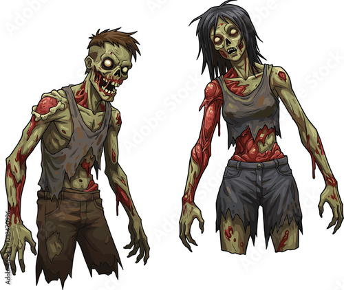zombie, cartoon, horror, undead, monster, couple, green skin, scary, creepy, Halloween, apocalypse, infected, wounds, muscles, grotesque, stylized, illustration, vector, character, design, decay