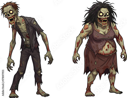 zombie, cartoon, horror, undead, monster, couple, green skin, scary, creepy, Halloween, apocalypse, infected, wounds, grotesque, stylized, suit, dress, illustration, vector, character, design