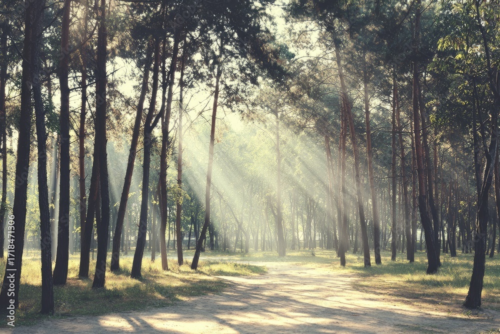 Fototapeta premium Sunlight streams through a misty forest path