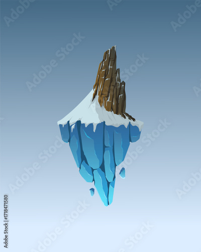 Vector illustration of rock mountain on top of snowy floating island