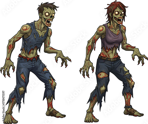 zombie, cartoon, horror, undead, monster, character, green skin, wounds, scary, creepy, Halloween, apocalypse, infected, illustration, vector, claws, teeth, ripped clothes, spooky, stylized, design
