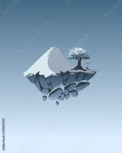 Vector illustration of flying snow mountain with some woods and big tree