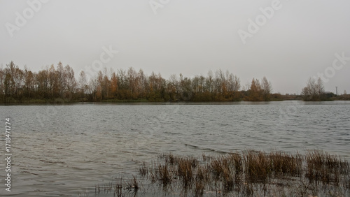 Late October or early winter landscape: the first dark, thin ice forms on a cold lake under a gray, overcast sky near Narva, Estonia.