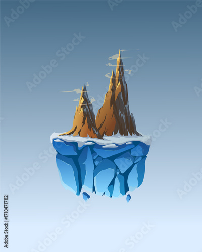 Vector illustration of rock mountains on top of snowy floating island