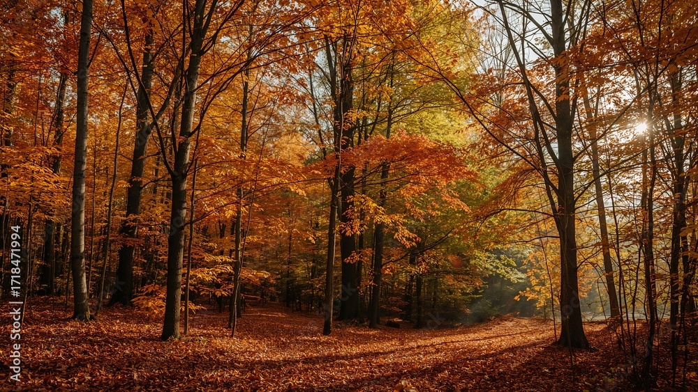 Obraz premium Autumn forest with golden light and falling leaves