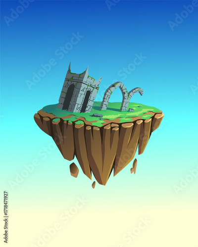 Vector illustration of ruins of an old abandoned castle on a green meadow