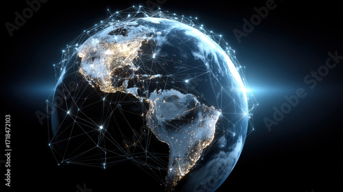 Stunning view of Earth illuminated at night, showcasing continents and city lights connected by glowing lines, symbolizing global connectivity and technology