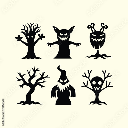  Set of spooky and creepy Halloween monster silhouettes tree , including haunted trees and ghostly figures for a chilling design.