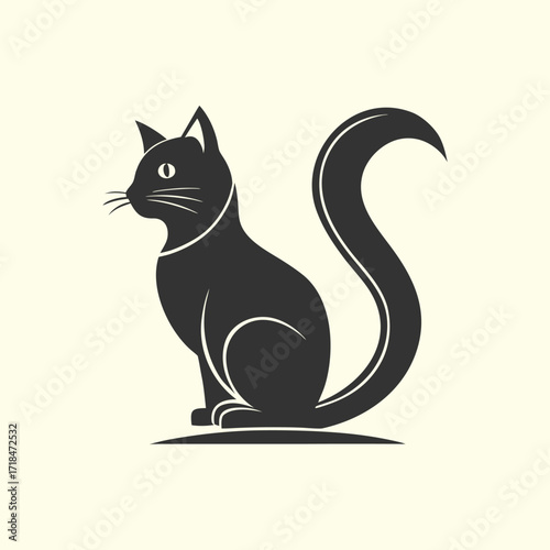 Black Domestic Cat Silhouette Drawing – Sitting Feline with Long Tail and Big Eyes, Pet Animal Vector Illustration, Kitty Outline Art, Cute Cat Graphic Design for Decoration and Print