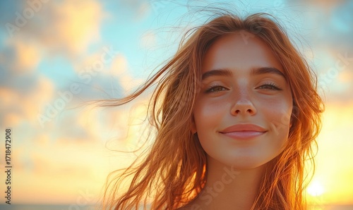 A young woman with auburn hair smiles at the sunset