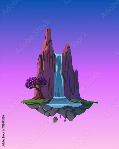 Vector illustration of floating fantasy island with beautiful waterfall