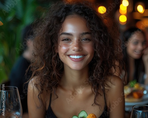 Young woman smiling, in a restaurant