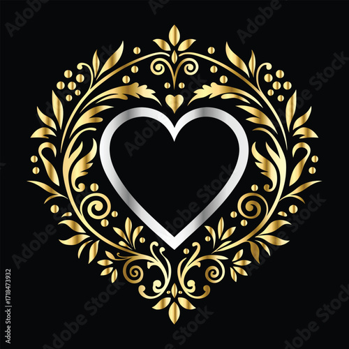 Wedding icon with heart and flower. Vector illustration on black background.