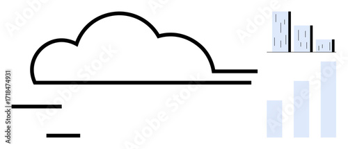 Cloud icon with horizontal lines suggesting speed, beside bar charts indicating data analytics and trends. Ideal for cloud storage, data science, technology, innovation, analytics, performance