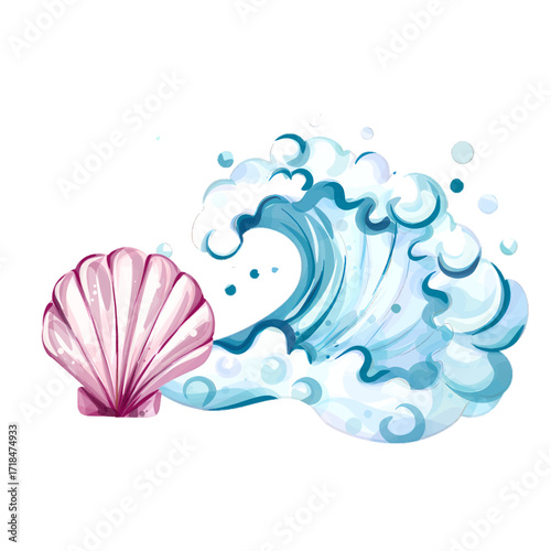 Endless summer vibes with vibrant waves and a beautiful seashell inviting relaxation and bliss by the beach side during sunny holidays