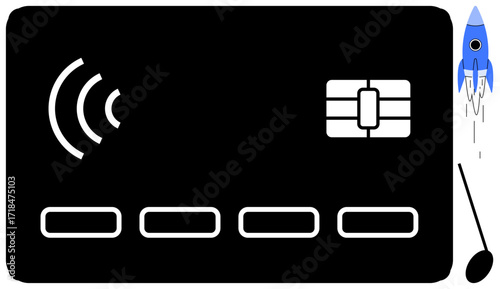 Contactless payment card with chip, tap symbols, and illustrated rocket launching upward. Ideal for financial technology, innovation, online payment, banking, credit card, growth and futuristic