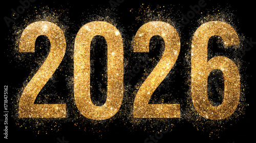 Golden glittering numbers representing year 2026, shining brightly against black background, creating festive and celebratory atmosphere