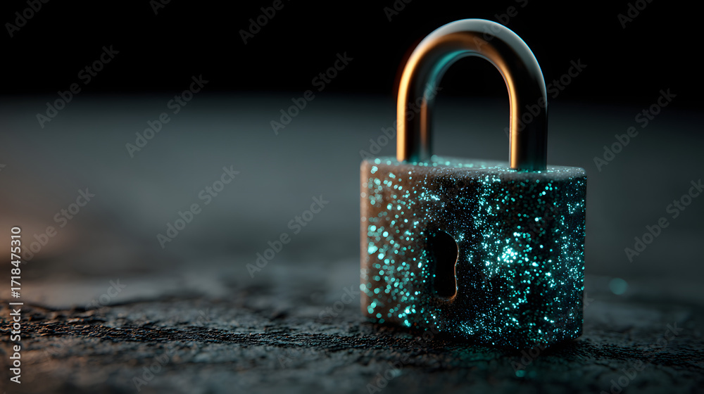 Fototapeta premium A glowing turquoise padlock on a dark surface, symbolizing data security and cyber protection ideal for use in cybersecurity themes and online privacy,