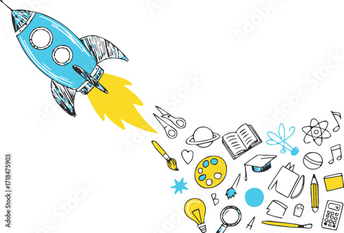 playful rocket vector with academic and creative symbol trail representing education journey illustration