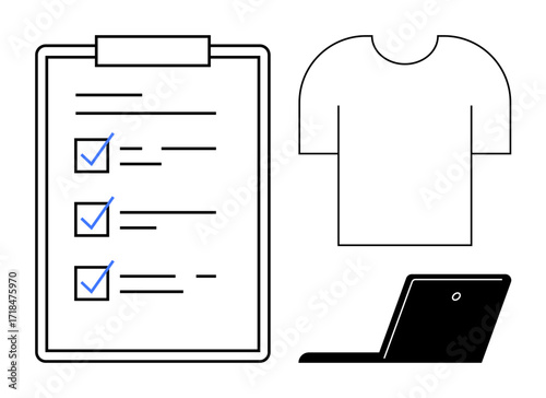 Task checklist with blue checkmarks, T-shirt, and laptop representing organization, productivity, planning, goals, workflows, remote work and e-commerce. Ideal for management task tracking simple