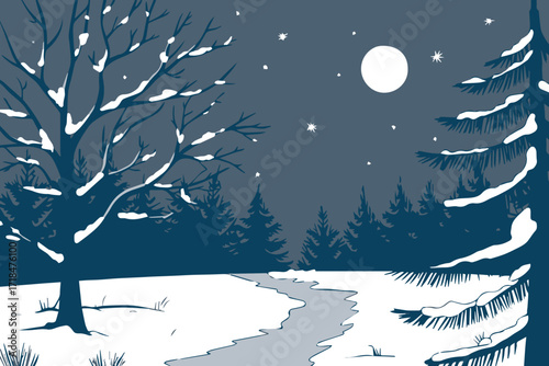 starry sky over snow covered pine and bare trees in a tranquil winter forest landscape under the glow of full moon
