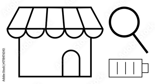 Outline of a store with awning and door, magnifying glass for search or analysis, and battery for energy. Ideal for commerce, sustainability, search, strategy, efficiency, power small business