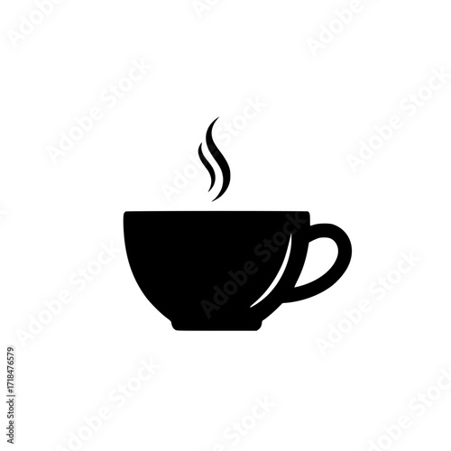 hot steaming coffee cup in flat black design.