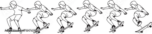 illustrative vector of a skateboarder performing an ollie trick in five frame motion sequence