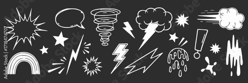 vector comic speechbubble explosion burst clouds lightning and rainbow emotive design elements in bold outline style