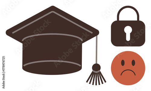 Graduation cap with tassel, a lock symbolizing restrictions, and a sad face emoticon. Ideal for education, security, freedom, challenge, frustration closure online learning. Minimalist flat