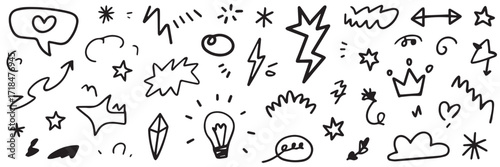 playful hand drawn sketchy vector icons pack with lightning bolts stars hearts bulbs arrows crowns and whimsical motifs