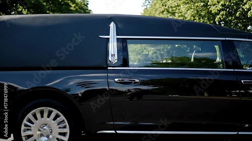 A polished black hearse driving slowly with reflections of trees and clouds